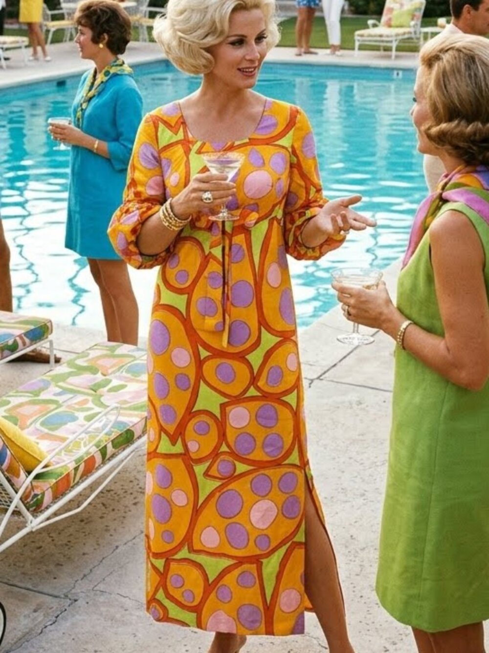 VINTAGE 1960s ALEX COLMAN BRIGHT PRINT CAFTAN HOUSE DRESS POLKA DOT GOWN sz S
